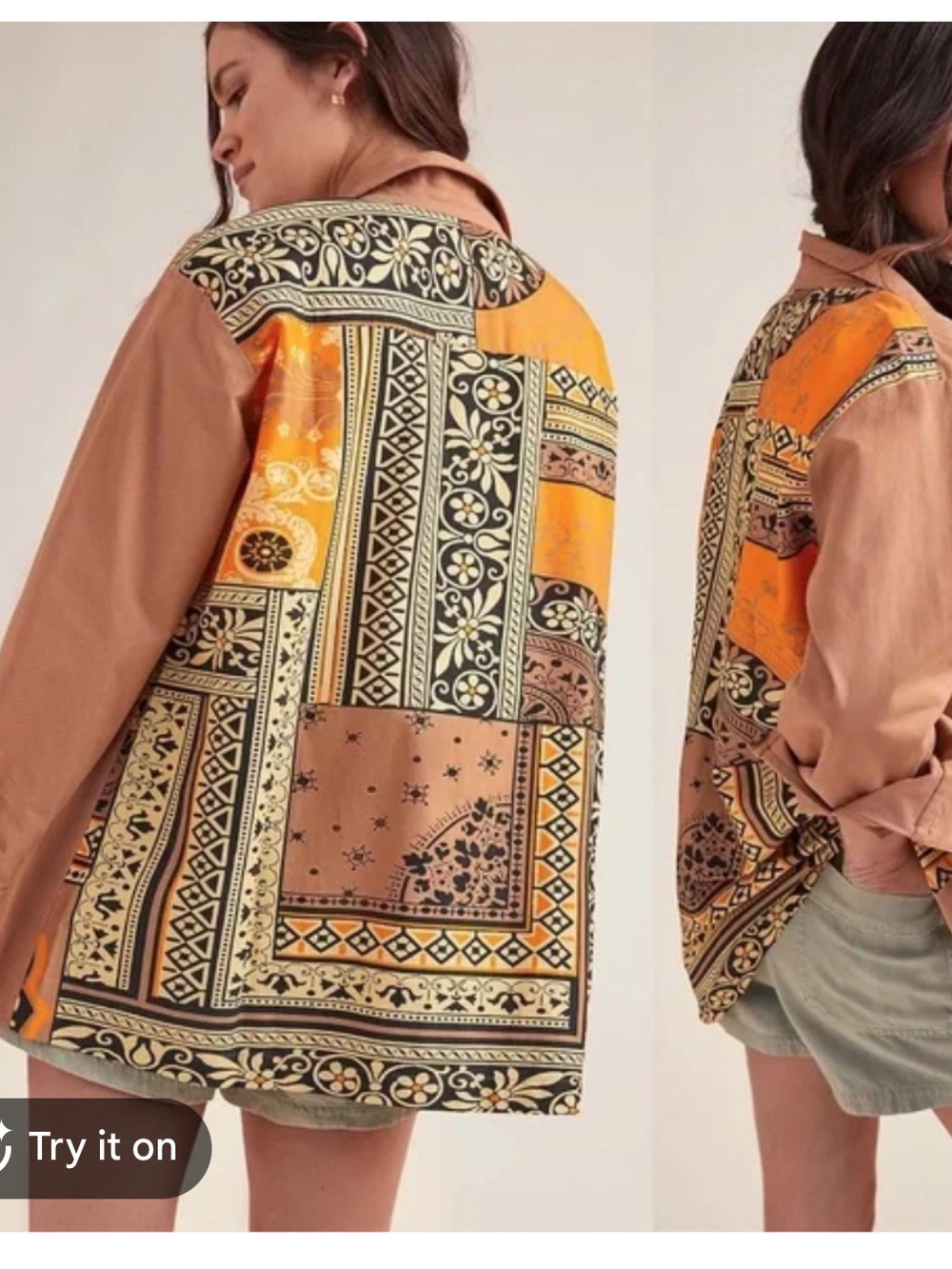 Patchwork Bandana-Back Utility Jacket - Tan & Orange